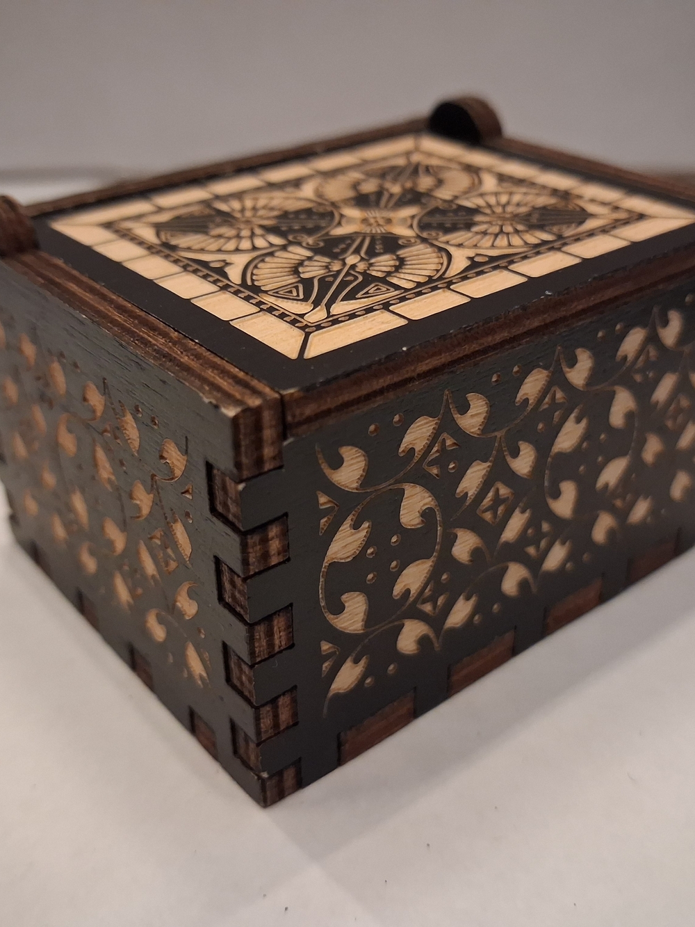 Handcrafted Laser-Cut Decorative Wooden Trinket Box - Black & Natural (Vintage)